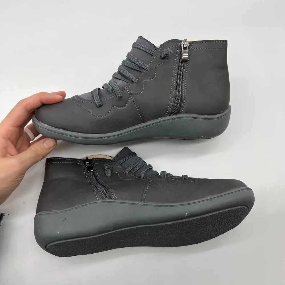 Women's Grey Leather Ankle Bootie - Casual Comfort